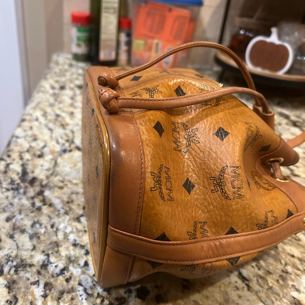 MCM Visetos Cognac Nappa Leather Monogram Drawstring Bucket Bag.  Authentic! - Picture 3 of 12